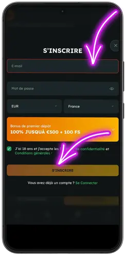 Écran d'inscription 3 Coins : champs email, mot de passe et bonus de bienvenue 100% jusqu'à 500€ + 100 FS