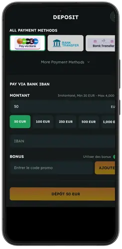 Méthodes de dépôt sur 3 Coins : carte bancaire, virement IBAN et sélection du montant