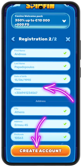3 Coins slot registration personal details