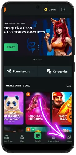 Page d'accueil du casino avec recherche du slot 3 Coins et jeux populaires