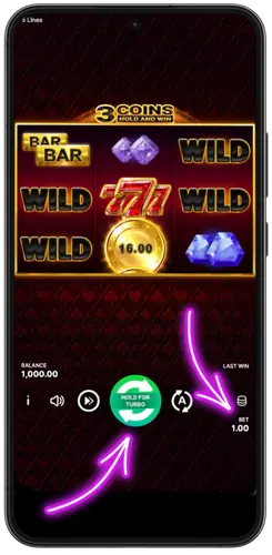 Interface du jeu 3 Coins Hold and Win avec réglages de mise et boutons de rotation